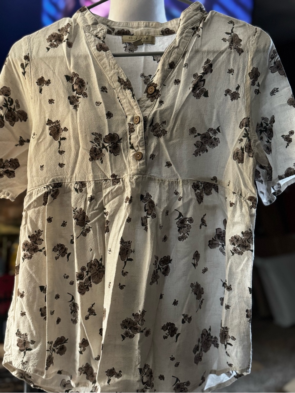 Polagram Cream and Brown Floral Button-Front Top